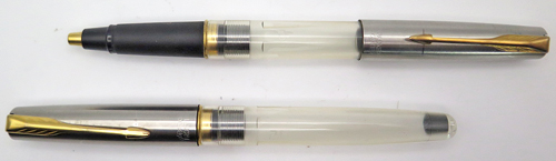 ITEM # 6690: FRONTIER SHOP PROTOTYPE ROLLERBALL IN CLEAR PLASTIC WITH BRUSHED STAINLESS CAP AND GOLD PLATED TRIM. 
